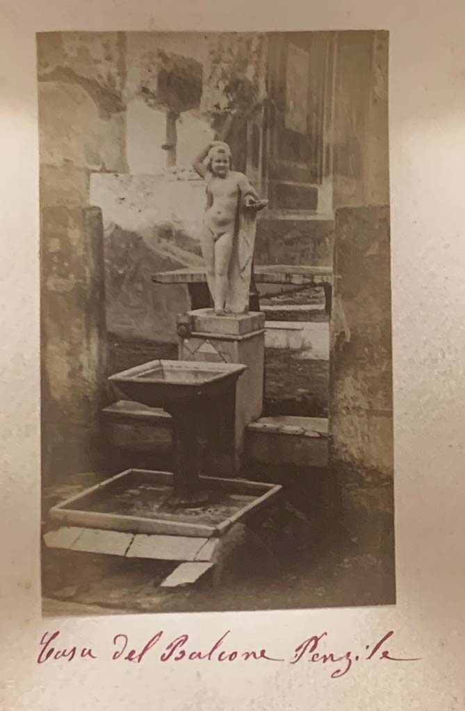VII.12.28 Pompeii. From an album dated c.1875-1885. 
Looking north towards fountain and statue in Viridarium. Photo courtesy of Rick Bauer.