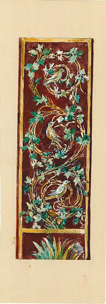 VII.12.28 Pompeii. 
Watercolour of painted decoration from an unknown room, but may be from the pilaster at the side of the fountain and statue, see above.
On the lower horizontal bar of the painting are the words "Balcone Pensile".
DAIR 83.150. Photo © Deutsches Archäologisches Institut, Abteilung Rom, Arkiv.