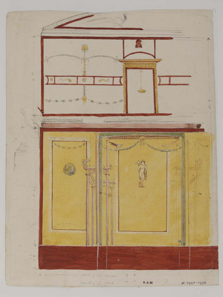 VII.13.4 Pompeii. c.1840. Painting by James William Wild, showing side and central panel of a wall in the cubiculum.
Photo © Victoria and Albert Museum, inventory number E.3993-1938.