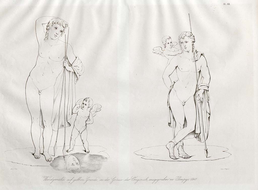 VII.13.4 Pompeii. Pre-1852. Drawings by Zahn of two figures, both on a yellow background, from the cubiculum.
On the left, Narcissus with two lances or javelins, looking at his reflection. Narcissus with a violet mantle, the cupid with blue wings.
On the right, a young man with a cupid on his shoulder, also with a lance. Perhaps this could be Adonis. He had a green mantle with blue embroidery, the wings of the cupid were violet.
See Zahn, W., 1852-59. Die schönsten Ornamente und merkwürdigsten Gemälde aus Pompeji, Herkulanum und Stabiae: III. Berlin: Reimer, taf. 63.