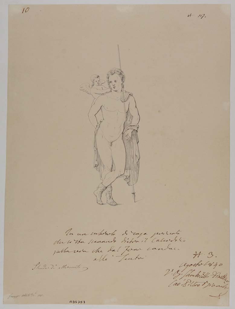 VII.13.4 Pompeii. Drawing by Giuseppe Abbate, 1840, of a painting of a young standing hunter (according to Helbig - Adonis?) with a cupid. 
See Helbig, W., 1868. Wandgemälde der vom Vesuv verschütteten Städte Campaniens. Leipzig: Breitkopf und Härtel, (1395).
Now in Naples Archaeological Museum. Inventory number ADS 753.
Photo © ICCD. http://www.catalogo.beniculturali.it
Utilizzabili alle condizioni della licenza Attribuzione - Non commerciale - Condividi allo stesso modo 2.5 Italia (CC BY-NC-SA 2.5 IT)