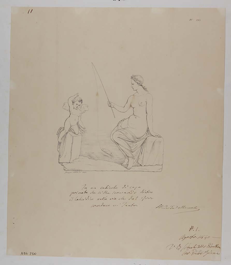 VII.13.4 Pompeii. Drawing by Giuseppe Abbate, 1840, of a painting of fishing Venus and a cupid, from a cubiculum.
This design had been done during the excavation; La Volpe made the similar drawing 20 years later, see below. 
See Helbig, W., 1868. Wandgemälde der vom Vesuv verschütteten Städte Campaniens. Leipzig: Breitkopf und Härtel, (352).
Now in Naples Archaeological Museum. Inventory number ADS 750.
Photo © ICCD. http://www.catalogo.beniculturali.it
Utilizzabili alle condizioni della licenza Attribuzione - Non commerciale - Condividi allo stesso modo 2.5 Italia (CC BY-NC-SA 2.5 IT)