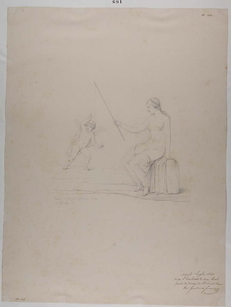 VII.13.4 Pompeii. Drawing by Nicola La Volpe, c.1860, of painting of Venus ‘pescatrice’, from cubiculum.
Now in Naples Archaeological Museum. Inventory number ADS 749.
Photo © ICCD. http://www.catalogo.beniculturali.it
Utilizzabili alle condizioni della licenza Attribuzione - Non commerciale - Condividi allo stesso modo 2.5 Italia (CC BY-NC-SA 2.5 IT)