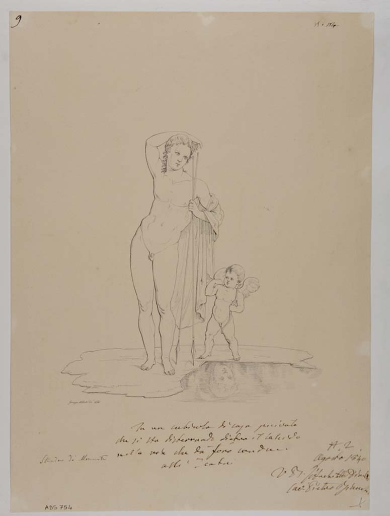 VII.13.4 Pompeii. Drawing by Giuseppe Abbate, 1840, of a painting of Narcissus with a cupid, from cubiculum.
See Helbig, W., 1868. Wandgemälde der vom Vesuv verschütteten Städte Campaniens. Leipzig: Breitkopf und Härtel, (1350).
Now in Naples Archaeological Museum. Inventory number ADS 754.
Photo © ICCD. http://www.catalogo.beniculturali.it
Utilizzabili alle condizioni della licenza Attribuzione - Non commerciale - Condividi allo stesso modo 2.5 Italia (CC BY-NC-SA 2.5 IT)