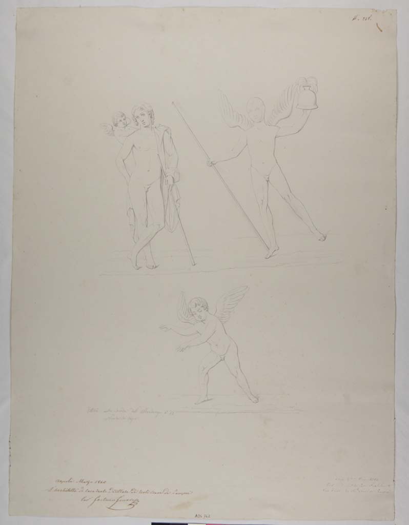 VII.13.4 Pompeii. Drawing by Nicola La Volpe, 1860, of painting of Adonis(?) and a cupid from cubiculum, as compared with Giuseppe Abbate, above.
The drawings of the cupids, were also painted by Abbate, but not known from which room
Now in Naples Archaeological Museum. Inventory number ADS 762.
Photo © ICCD. http://www.catalogo.beniculturali.it
Utilizzabili alle condizioni della licenza Attribuzione - Non commerciale - Condividi allo stesso modo 2.5 Italia (CC BY-NC-SA 2.5 IT)
