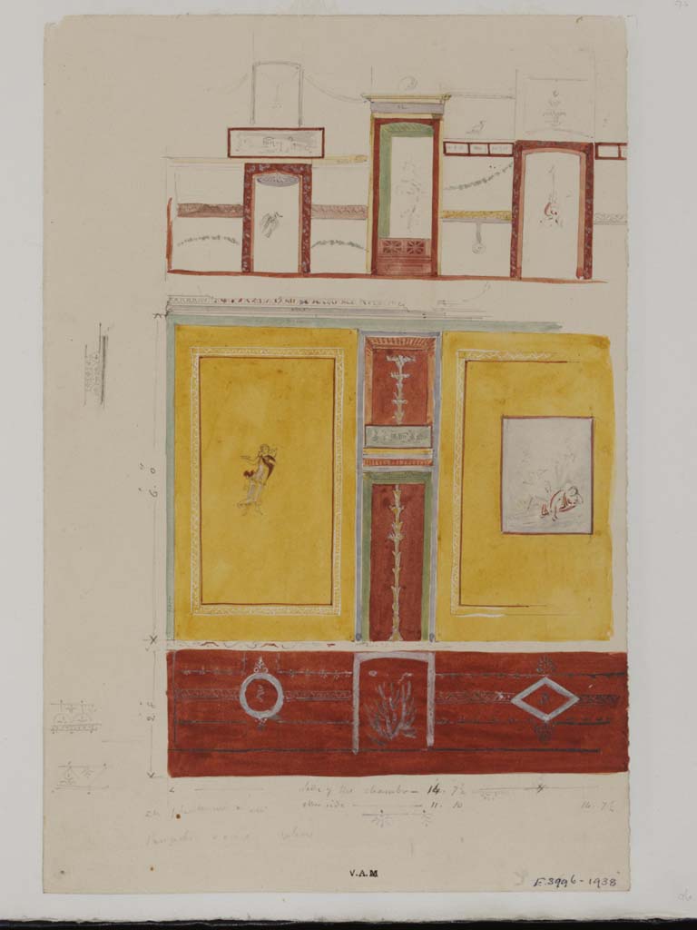 VII.13.4 Pompeii. c.1840. Painting by James William Wild, from north wall of oecus showing painting of Ganymede in central panel.
In the left side panel is a painting of Spring.
Photo © Victoria and Albert Museum, inventory number E.3996-1938.
