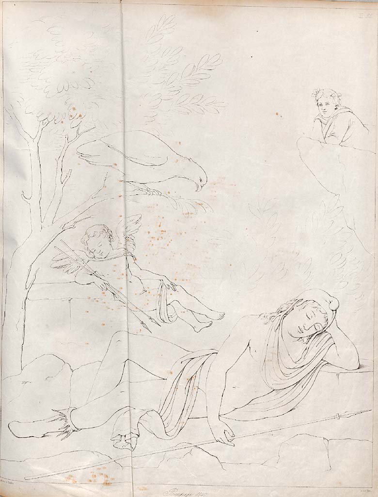 VII.13.4 Pompeii. 1840. Drawing by Zahn of sleeping Ganymede, from north wall of oecus/cubiculum.
According to Zahn, this painting was discovered in the Strada de’ Mercadanti, in a house near to the Calcidium, opposite the Casa del Cignale, (Cinghiale).
See Zahn, W., 1842-44. Die schönsten Ornamente und merkwürdigsten Gemälde aus Pompeji, Herkulanum und Stabiae: II. Berlin: Reimer, taf. 32.