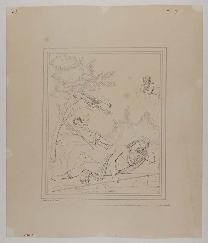 VII.13.4 Pompeii. Drawing by Giuseppe Abbate, 1840, of painting from north wall of oecus/cubiculum on east side of peristyle, at the time of excavation.
See Fiorelli G., 1840. Pompeianarum antiquitatum historia, Vol. 2: 1819 - 1860, Naples, p.381, dated 3rd August 1840.
The drawing was of the painting which gave the name to the house, showing sleeping Ganimede and the eagle. 
The painting has now faded and disappeared. 
See Helbig, W., 1868. Wandgemälde der vom Vesuv verschütteten Städte Campaniens. Leipzig: Breitkopf und Härtel, (155).
Now in Naples Archaeological Museum. Inventory number ADS 756.
Photo © ICCD. http://www.catalogo.beniculturali.it
Utilizzabili alle condizioni della licenza Attribuzione - Non commerciale - Condividi allo stesso modo 2.5 Italia (CC BY-NC-SA 2.5 IT)