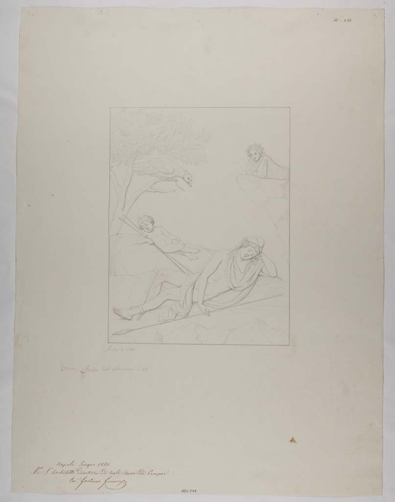 VII.13.4 Pompeii. Drawing by Nicola La Volpe, April 1860, of the painting of sleeping Ganymede and the eagle, twenty years later. 
Now in Naples Archaeological Museum. Inventory number ADS 758.
Photo © ICCD. http://www.catalogo.beniculturali.it
Utilizzabili alle condizioni della licenza Attribuzione - Non commerciale - Condividi allo stesso modo 2.5 Italia (CC BY-NC-SA 2.5 IT)