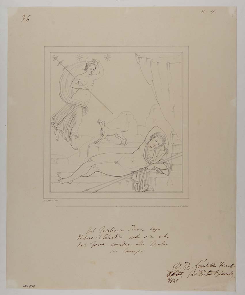 VII.13.4 Pompeii. Drawing by Giuseppe Abbate, 1840, of painting from wall of triclinium/oecus/cubiculum on east side of peristyle, at the time of excavation. 
The drawing was of the painting showing Endymion and Selene, now faded and disappeared. 
See Helbig, W., 1868. Wandgemälde der vom Vesuv verschütteten Städte Campaniens. Leipzig: Breitkopf und Härtel, (942).
Now in Naples Archaeological Museum. Inventory number ADS 757.
Photo © ICCD. http://www.catalogo.beniculturali.it
Utilizzabili alle condizioni della licenza Attribuzione - Non commerciale - Condividi allo stesso modo 2.5 Italia (CC BY-NC-SA 2.5 IT)