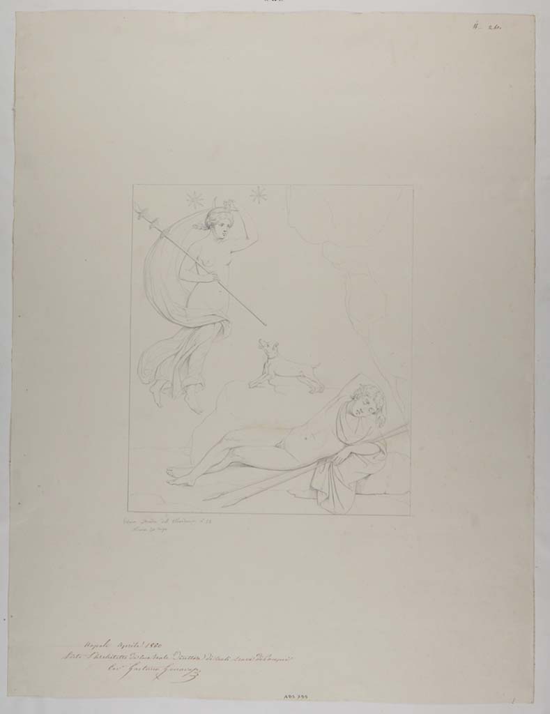 VII.13.4 Pompeii. Drawing by Nicola La Volpe, April 1860, of painting from wall of triclinium/oecus/cubiculum on east side of peristyle, twenty years later.  
The drawing was of the painting showing Endymion and Selene.
Now in Naples Archaeological Museum. Inventory number ADS 755.
Photo © ICCD. http://www.catalogo.beniculturali.it
Utilizzabili alle condizioni della licenza Attribuzione - Non commerciale - Condividi allo stesso modo 2.5 Italia (CC BY-NC-SA 2.5 IT)
See Helbig, W., 1868. Wandgemälde der vom Vesuv verschütteten Städte Campaniens. Leipzig: Breitkopf und Härtel, (942).