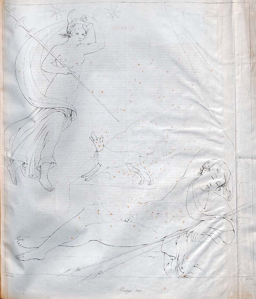 VII.13.4 Pompeii. Drawing by Zahn, 1840. Drawing of painting by Zahn of Endymion and Diane (Selene?).
According to Zahn this painting was found on a yellow wall surrounded by a reddish/brown border of one and a half inches, in the same room the Seasons, see below, were painted similarly on a yellow background. 
See Zahn, W., 1842-44. Die schönsten Ornamente und merkwürdigsten Gemälde aus Pompeji, Herkulanum und Stabiae: II. Berlin: Reimer, taf. 41.