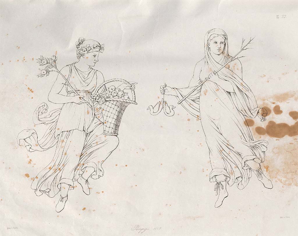 VII.13.4 Pompeii. 1840. 
Drawing by Zahn provenanced from an excavation in the Strada de’ Mercadanti in a house near to the Calcidicum, opposite Casa del Cignale. According to Zahn, these are drawings of Autumn and Winter from the oecus/cubiculum in this house, and from which it gained one of its names, Casa delle Quattro Stagioni.  
See Zahn, W., 1842-44. Die schönsten Ornamente und merkwürdigsten Gemälde aus Pompeji, Herkulanum und Stabiae: II. Berlin: Reimer, taf. 22.