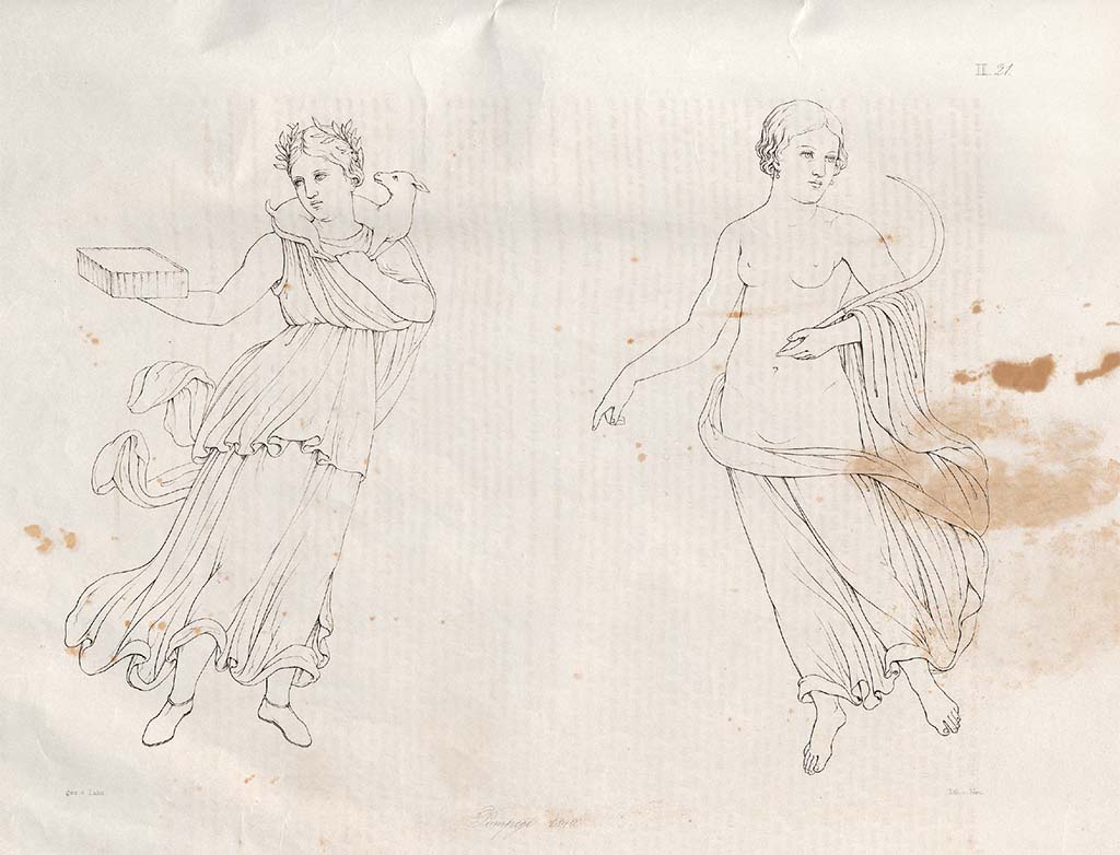 VII.13.4 Pompeii. 1840. 
Drawing by Zahn provenanced from an excavation in the Strada de’ Mercadanti in a house near to the Calcidicum, opposite Casa del Cignale. According to Zahn, these are drawings of Spring and Summer from the oecus/cubiculum in this house, and from which it gained one of its names, Casa delle Quattro Stagioni.  
See Zahn, W., 1842-44. Die schönsten Ornamente und merkwürdigsten Gemälde aus Pompeji, Herkulanum und Stabiae: II. Berlin: Reimer, taf. 21.