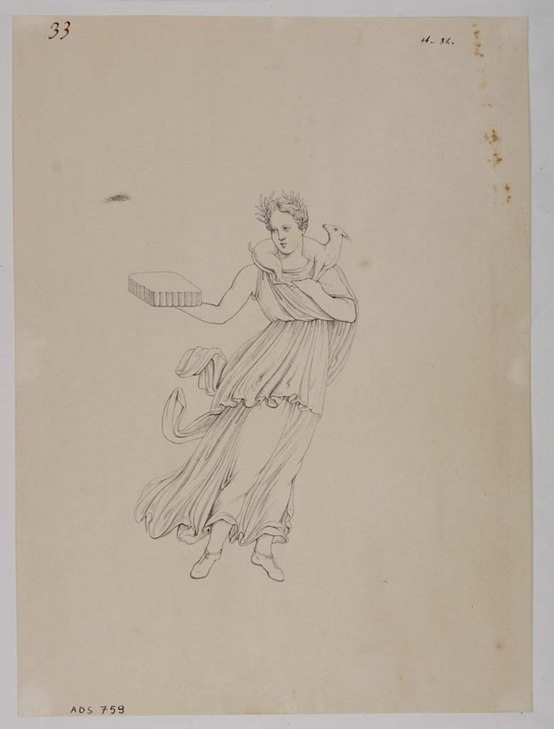 VII.13.4 Pompeii. Drawing by Giuseppe Abbate, 1840, of painting seen on wall of oecus/cubiculum.
This drawing has been described as Autumn, but fits the description of Spring better -
“Spring with the lamb on the shoulder, and in hand the basket with the ricotta.”
Now in Naples Archaeological Museum. Inventory number ADS 759.
Photo © ICCD. http://www.catalogo.beniculturali.it
Utilizzabili alle condizioni della licenza Attribuzione - Non commerciale - Condividi allo stesso modo 2.5 Italia (CC BY-NC-SA 2.5 IT)