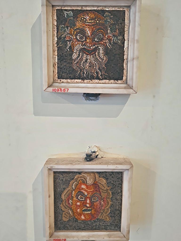 VII.13.23 Pompeii. September 2024. 
Mosaic masks, now in Naples Archaeological Museum. Photo courtesy of Giuseppe Ciaramella.
According to the Giornale, in this location were found two beautiful masks in mosaic embedded above two stones of marble.
See Fiorelli G., 1864. Pompeianarum antiquitatum historia, Vol. 3: Naples, p. 30, dated 17th November 1821.