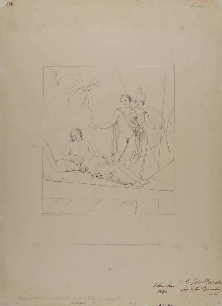 VII.14.5 Pompeii. Drawing by Giuseppe Abbate, 1842, of painting showing Theseus and Ariadne.
This painting was left in situ in room 12 and has now completely disappeared. 
See Helbig, W., 1868. Wandgemälde der vom Vesuv verschütteten Städte Campaniens. Leipzig: Breitkopf und Härtel, (1221).
Now in Naples Archaeological Museum. Inventory number ADS 766.
Photo © ICCD. http://www.catalogo.beniculturali.it
Utilizzabili alle condizioni della licenza Attribuzione - Non commerciale - Condividi allo stesso modo 2.5 Italia (CC BY-NC-SA 2.5 IT)