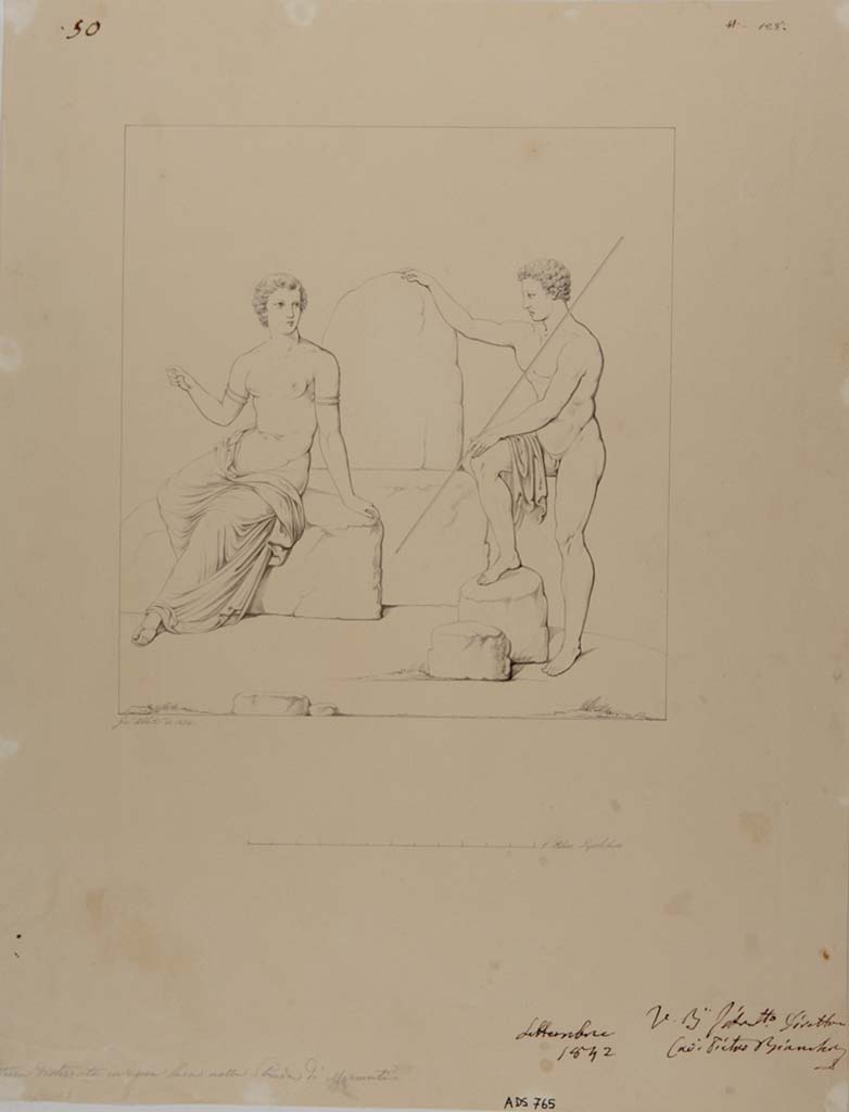 VII.14.5 Pompeii. Drawing by Giuseppe Abbate, 1842, of painting showing Io and Argo. 
This painting was left in situ in room 12 and has now completely disappeared. 
See Helbig, W., 1868. Wandgemälde der vom Vesuv verschütteten Städte Campaniens. Leipzig: Breitkopf und Härtel, (134).
Now in Naples Archaeological Museum. Inventory number ADS 765.
Photo © ICCD. http://www.catalogo.beniculturali.it
Utilizzabili alle condizioni della licenza Attribuzione - Non commerciale - Condividi allo stesso modo 2.5 Italia (CC BY-NC-SA 2.5 IT)