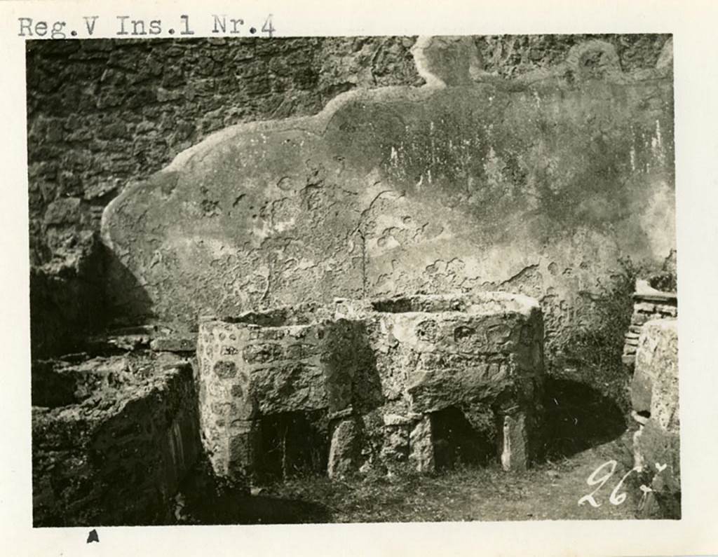 VII.14.5 Pompeii, although numbered as V.1.4 on photo. Pre-1937-1939. 
Room 23, looking towards the west wall and south-west corner. 
Photo courtesy of American Academy in Rome, Photographic Archive. Warsher collection no. 267.