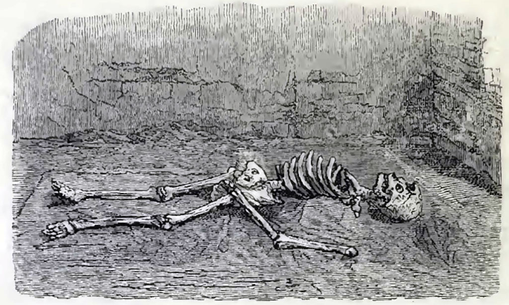 VII.14.9 Pompeii. 1870. Room 10. Drawing of skeleton found at the rear of the house in an arched room with a small window.
See Breton, Ernest. 1870. Pompeia, Guide de visite a Pompei, 3rd ed. Paris, Guerin. (p. 456, plate 101).