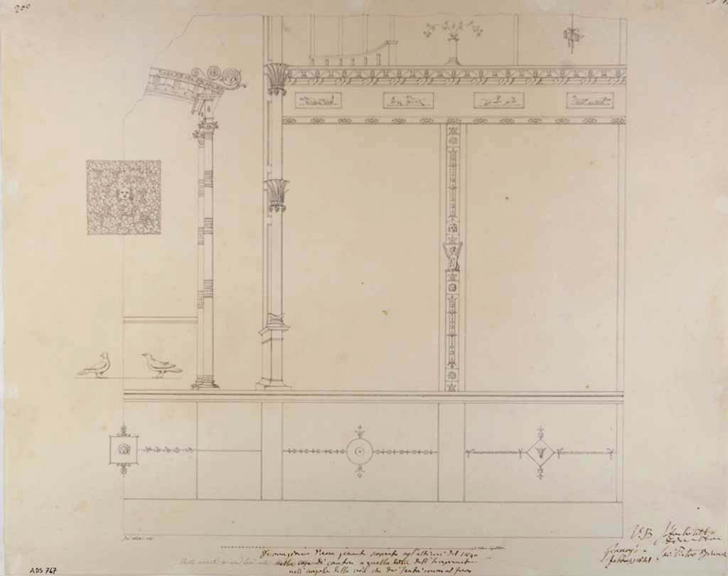VII.14.9 Pompeii. Room 13, part of east wall of triclinium. 
Drawing by Giuseppe Abbate, 1841, showing decoration of a wall found at the end of 1840.
The central painting (seen on the left), showing the head of a Maenad looking out between foliage and bunches of grapes, was part of III Style decoration of this room.
The painting was detached and sent to Naples Museum (inv.no. 9798) at the end of March 1841 (PAH, II, p.394).
See Helbig, W., 1868. Wandgemälde der vom Vesuv verschütteten Städte Campaniens. Leipzig: Breitkopf und Härtel, (383).
Now in Naples Archaeological Museum. Inventory number ADS 767.
Photo © ICCD. https://www.catalogo.beniculturali.it/
Utilizzabili alle condizioni della licenza Attribuzione - Non commerciale - Condividi allo stesso modo 2.5 Italia (CC BY-NC-SA 2.5 IT)