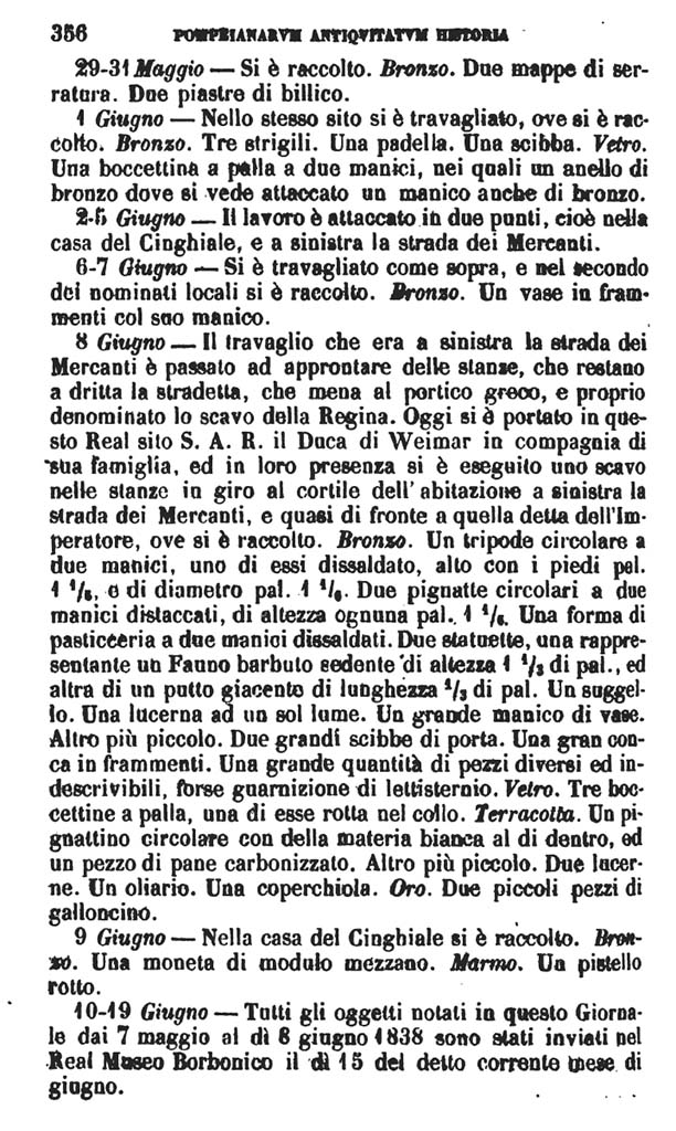 VII.14.9 Pompeii. Fiorelli, PAH II, May 1838 – 19th June 1838.
This records the visit of Duke Bernhard von Sachsen Weimar on 8th June 1838.
See Fiorelli G., 1862. Pompeianarum antiquitatum historia, Vol. 2: 1819 - 1860, Naples, p. 356.