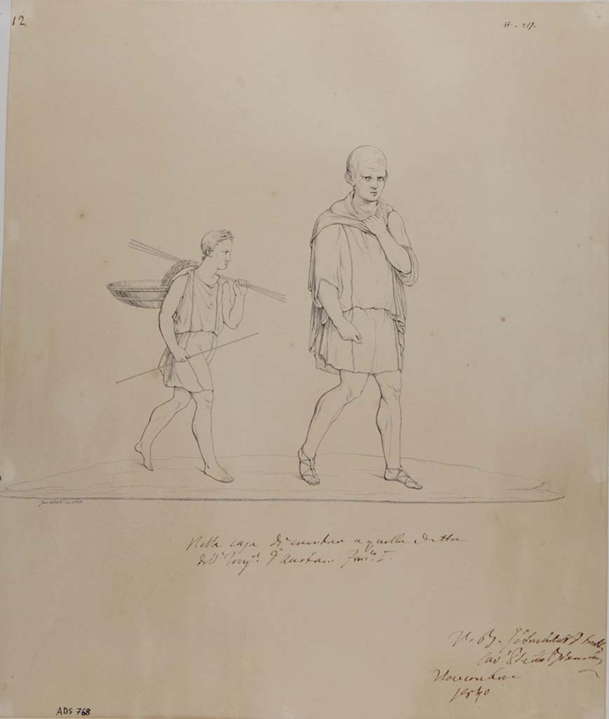 VII.14.15 Pompeii. Drawing by Giuseppe Abbate, 1840, of a painting of a fisherman with a young boy, seen in the atrium, but now disappeared.
This drawing is the only known documentation of the group. 
According to Helbig, this was found in the atrium of the house at VII.14.14/15. 
According to Schultz, (BdI,1841, p. 124), 
“Nel cavedio dell’ultima delle due detto case e dipinto un vecchio pescatore calvo, accompagnato da un fanciullo...”, 
See Helbig, W., 1868. Wandgemälde der vom Vesuv verschütteten Städte Campaniens. Leipzig: Breitkopf und Härtel, (1501b).
Now in Naples Archaeological Museum. Inventory number ADS 768.
Photo © ICCD. http://www.catalogo.beniculturali.it
Utilizzabili alle condizioni della licenza Attribuzione - Non commerciale - Condividi allo stesso modo 2.5 Italia (CC BY-NC-SA 2.5 IT)