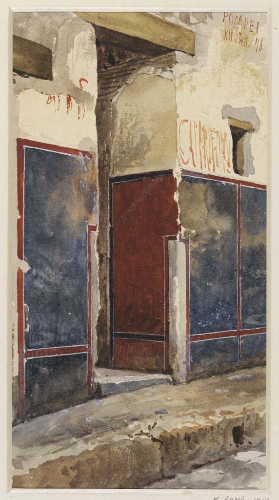 VII.15.1 Pompeii. 
12th September 1876, watercolour by Luigi Bazzani of entrance doorway showing graffiti.
Photo © Victoria and Albert Museum. Inventory number E6276-1910
Photo courtesy of Davide Peluso.