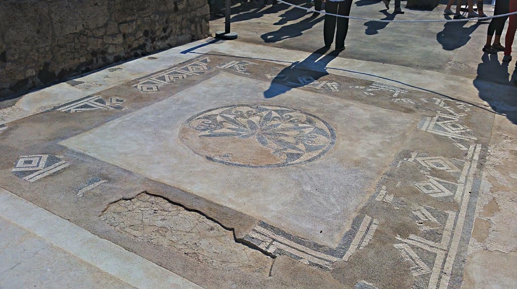 VII.15.2 Pompeii. 2017/2018/2019. 
Looking south across tablinum towards atrium, mosaic flooring with central emblema. Photo courtesy of Giuseppe Ciaramella.