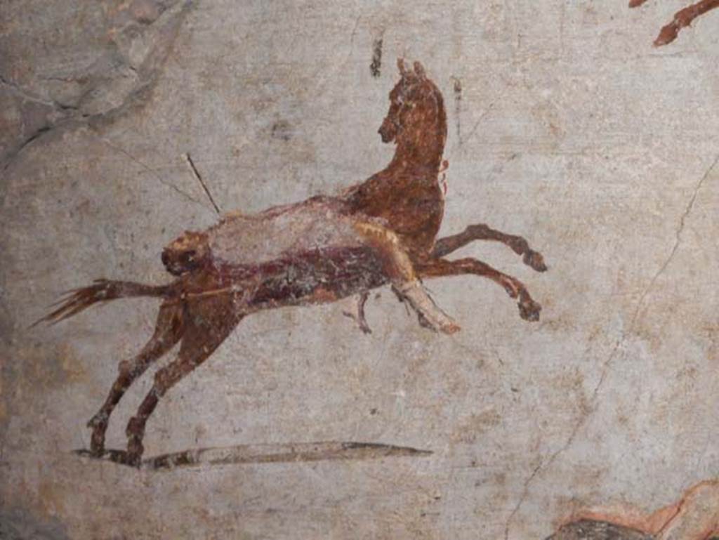 VII.15.2 Pompeii. May 2018. Detail from Slaughter of the Niobids from north wall of apodyterium/exedra.  
The children of Niobe are killed with poisoned arrows. Photo courtesy of Buzz Ferebee. 
Now in Naples Archaeological Museum. Inventory number 111479.