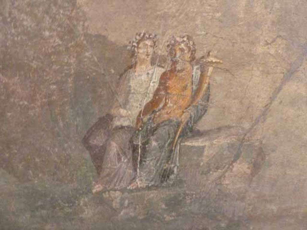 VII.15.2 Pompeii. May 2010. Detail from Slaughter of the Niobids from north wall of apodyterium/exedra.  
Two figures sit in an attitude of complete indifference to what is happening.
The old man with a cornucopia may be the personification of the river Citerone.
The young girl may be the nymph Gargafia or Gargaphia.
Now in Naples Archaeological Museum.  Inventory number 111479.
See Bragantini, I and Sampaolo, V., Eds, 2009. La Pittura Pompeiana. Verona: Electa.  (p. 270, Fig 115).
See Sogliano, A., 1879. Le pitture murali campane scoverte negli anni 1867-79. Napoli: Giannini, p.85, no.505.