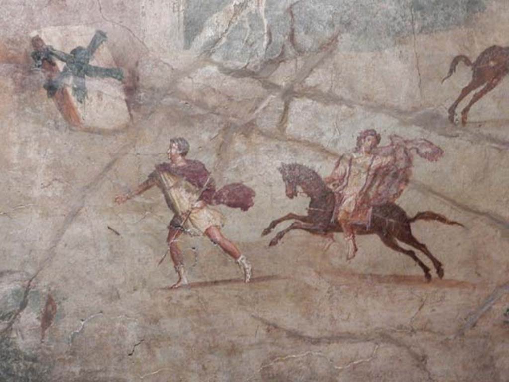 VII.15.2 Pompeii. May 2018. Detail from Slaughter of the Niobids from north wall of apodyterium/exedra.  
The sons of Niobe try to flee on foot or by horse, but escape is futile. Photo courtesy of Buzz Ferebee. 
Now in Naples Archaeological Museum. Inventory number 111479.