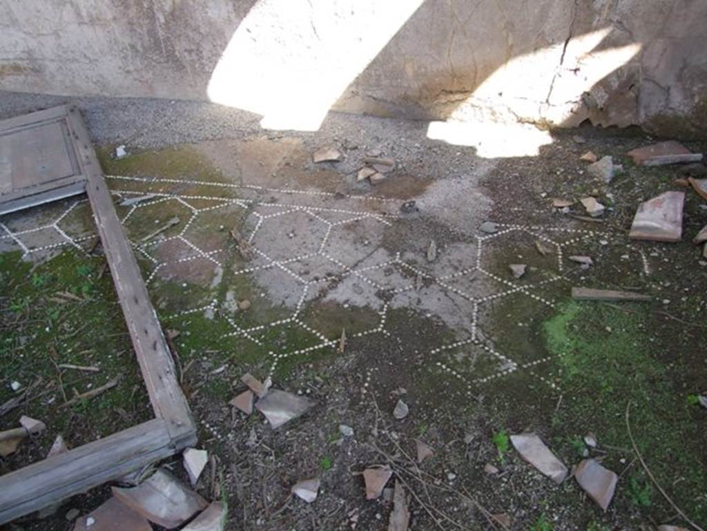 VII.15.2 Pompeii. March 2009. Looking towards east wall in apodyterium/exedra. 
Decorated lavapesto floor with white marble tesserae making a double hexagon pattern.