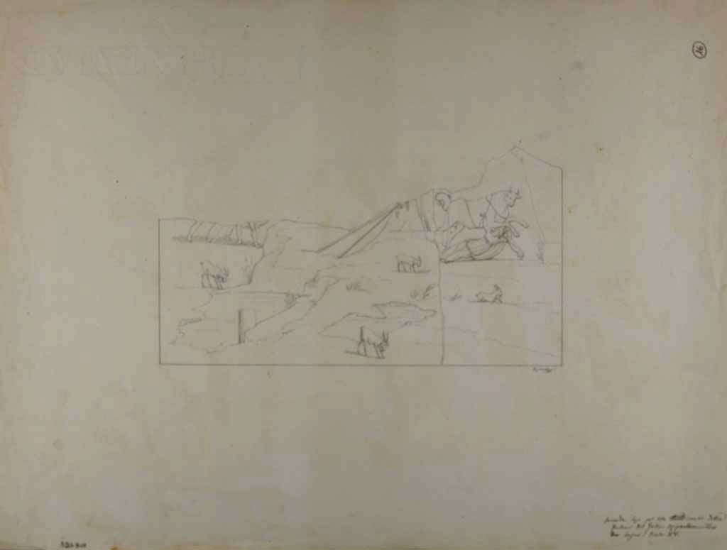 VII.15.2 Pompeii. Drawing by Geremia Discanno, of painting of the Punishment of Dirce, from east wall of apodyterium/exedra.
Only the lower half of the painting was preserved.  
See Sogliano, A., 1879. Le pitture murali campane scoverte negli anni 1867-79. Napoli: Giannini, p.84, no.503.
Now in Naples Archaeological Museum. Inventory number ADS 801.
Photo © ICCD. http://www.catalogo.beniculturali.it
Utilizzabili alle condizioni della licenza Attribuzione - Non commerciale - Condividi allo stesso modo 2.5 Italia (CC BY-NC-SA 2.5 IT)