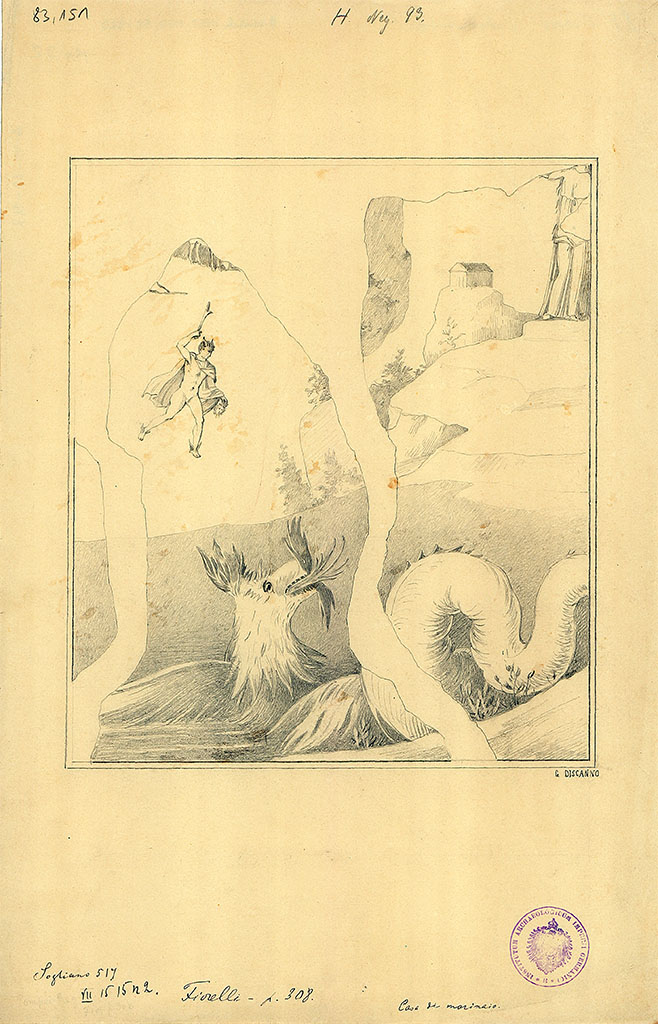 VII.15.2 Pompeii. South wall. Drawing by Geremia Discanno of painting of the freeing of Andromeda by Perseus.
DAIR 83.151. Photo © Deutsches Archäologisches Institut, Abteilung Rom, Arkiv.