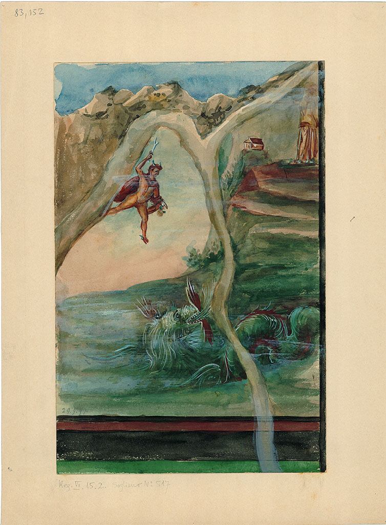 VII.15.2 Pompeii. 29th September 1897. South wall. Watercolour copy of painting of the freeing of Andromeda by Perseus.
DAIR 83.152. Photo © Deutsches Archäologisches Institut, Abteilung Rom, Arkiv.