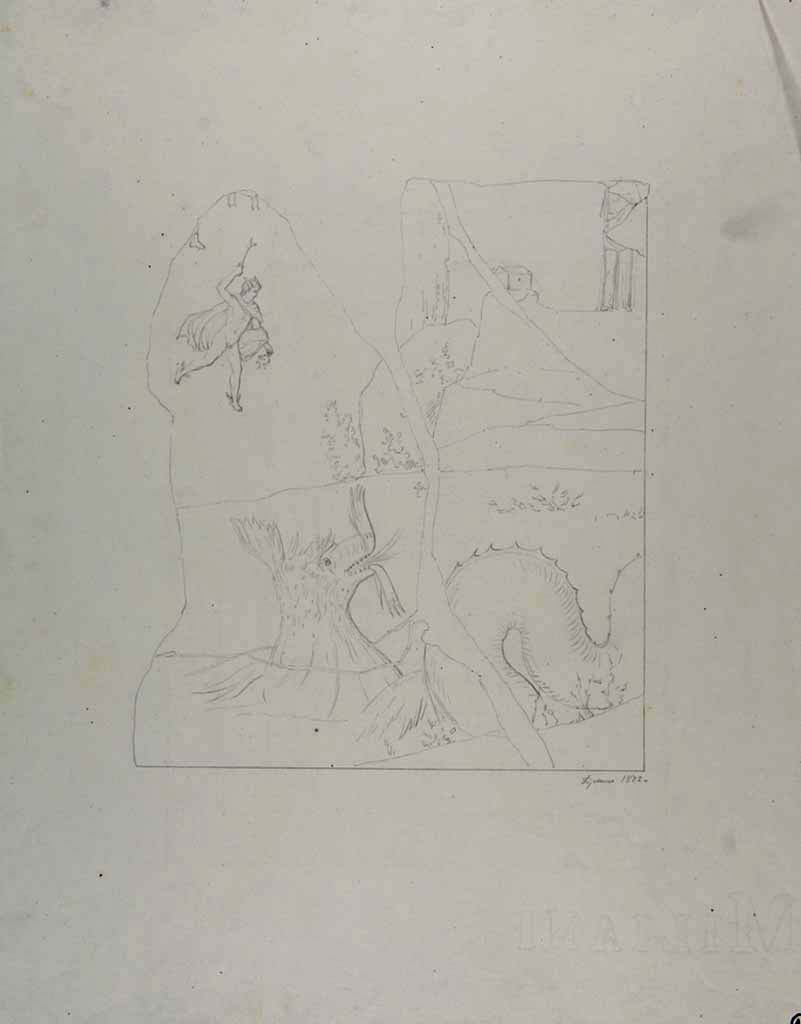 VII.15.2 Pompeii. Drawing by Geremia Discanno, 1872, of painting of the freeing of Andromeda by Perseus.
This painting was on the south wall, but the upper part of the painting had been destroyed. 
See Sogliano, A., 1879. Le pitture murali campane scoverte negli anni 1867-79. Napoli: Giannini, p.90, no.517.
Now in Naples Archaeological Museum. Inventory number ADS 788.
Photo © ICCD. http://www.catalogo.beniculturali.it
Utilizzabili alle condizioni della licenza Attribuzione - Non commerciale - Condividi allo stesso modo 2.5 Italia (CC BY-NC-SA 2.5 IT)