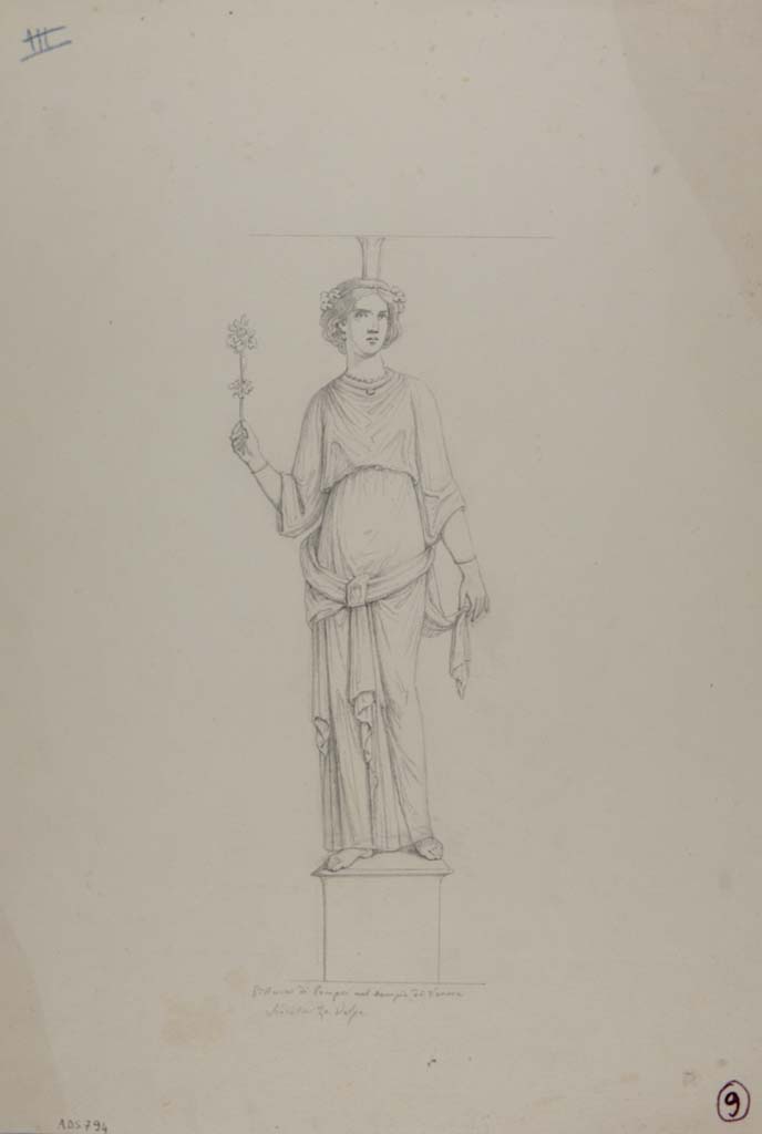 VII.15.2 Pompeii. Drawing by Nicola La Volpe, of female figure painted onto the zoccolo.
According to Sogliano, this painting was of a Herm with female head crowned with flowers and with modius.
See Sogliano, A., 1879. Le pitture murali campane scoverte negli anni 1867-79. Napoli: Giannini, p.150, no.753.
See Bullettino dell’Instituto di Corrispondenza Archeologica (DAIR), 1873, p.232,
See Fiorelli, Scav. Di Pompei, p.119, n.130.
Now in Naples Archaeological Museum. Inventory number ADS 794.
Photo © ICCD. http://www.catalogo.beniculturali.it
Utilizzabili alle condizioni della licenza Attribuzione - Non commerciale - Condividi allo stesso modo 2.5 Italia (CC BY-NC-SA 2.5 IT)
See Carratelli, G. P., 1990-2003. Pompei: Pitture e Mosaici: Vol. VII. Roma: Istituto della enciclopedia italiana, p.757, no.99, where a very similar figure appears to be from the east end of the south wall.