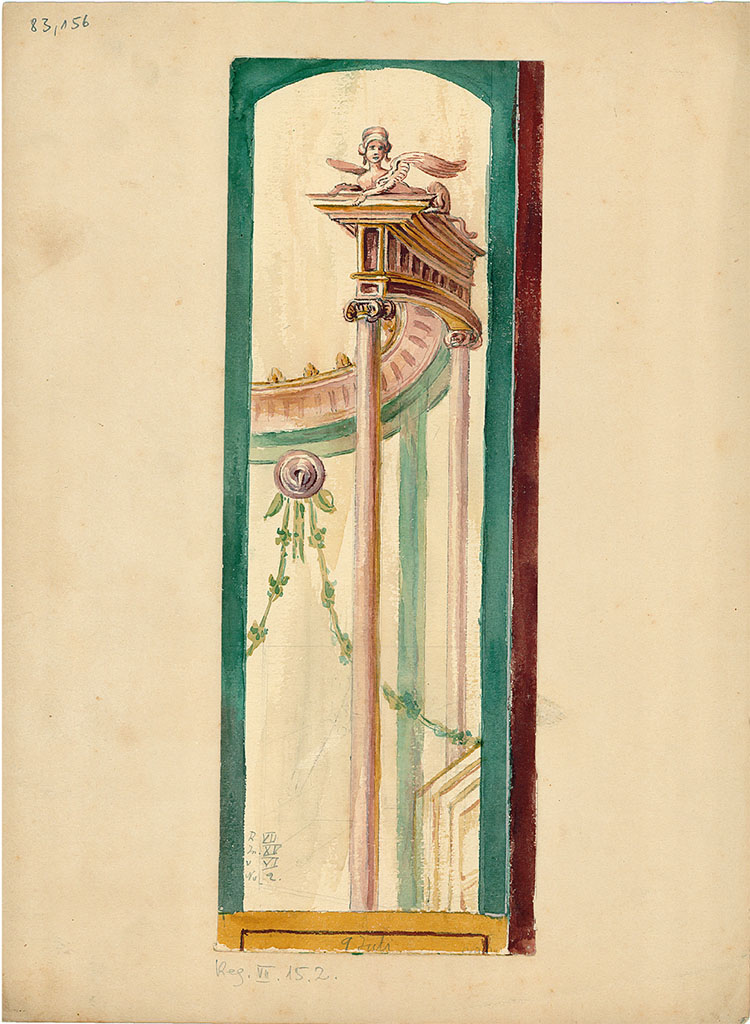 VII.15.2 Pompeii. Ala on east side of atrium? Section of a wall painting decorated with architectural features surmounted by a sphynx.
The specific location is not known so we have included it here as this room was said to have had architectural motifs.
DAIR 83.156. Photo © Deutsches Archäologisches Institut, Abteilung Rom, Arkiv.