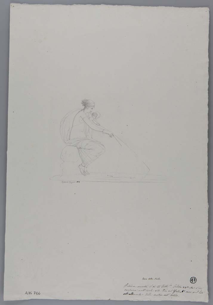 VII.15.2 Pompeii. Drawing by Geremia Discanno, 1872, of painting from south wall of east ala, showing Venus fishing. 
See Sogliano, A., 1879. Le pitture murali campane scoverte negli anni 1867-79. Napoli: Giannini, p.36, no.147.
See Bullettino dell’Instituto di Corrispondenza Archeologica (DAIR), 1872, p.171.
Fiorelli, Scav. di Pompei, p.115, n.88, and Descrizione Pomp. P.305.
Now in Naples Archaeological Museum. Inventory number ADS 786.
Photo © ICCD. http://www.catalogo.beniculturali.it
Utilizzabili alle condizioni della licenza Attribuzione - Non commerciale - Condividi allo stesso modo 2.5 Italia (CC BY-NC-SA 2.5 IT)