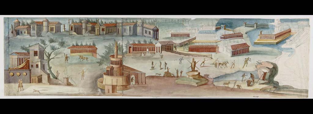VII.15.2 Pompeii. Unfinished anonymous painting, a copy of an architectural sacred landscape with figures and animals that might have been seen high up on the walls of the vestibule.
Now in Naples Archaeological Museum. Inventory number ADS 769.
Photo © ICCD. http://www.catalogo.beniculturali.it
Utilizzabili alle condizioni della licenza Attribuzione - Non commerciale - Condividi allo stesso modo 2.5 Italia (CC BY-NC-SA 2.5 IT)