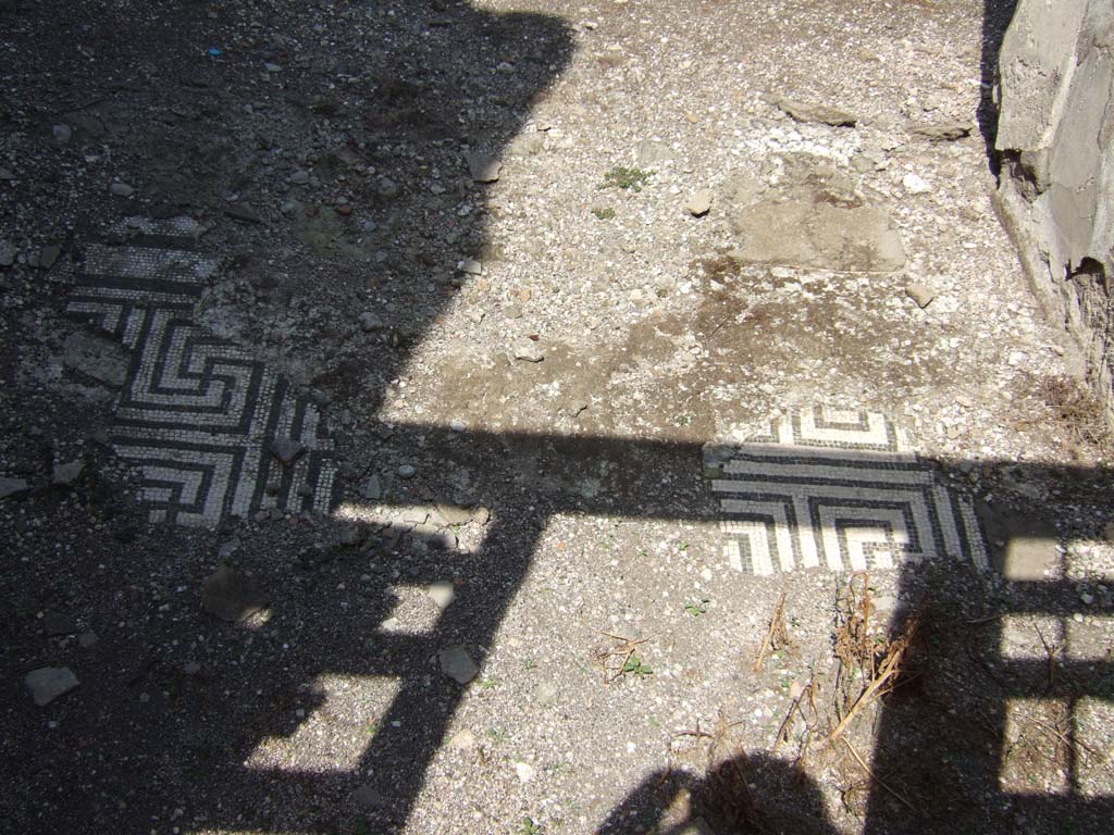 VII.15.2 Pompeii. September 2005. Portion of mosaic in fauces or entrance corridor, looking north.