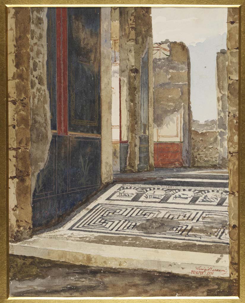 VII.15.2 Pompeii. 1876. Watercolour by Luigi Bazzani.
Looking north through entrance vestibule towards threshold mosaic and mosaic of the prows of ships seen through arches.
Photo © Victoria and Albert Museum. Inventory number 1070-1886.