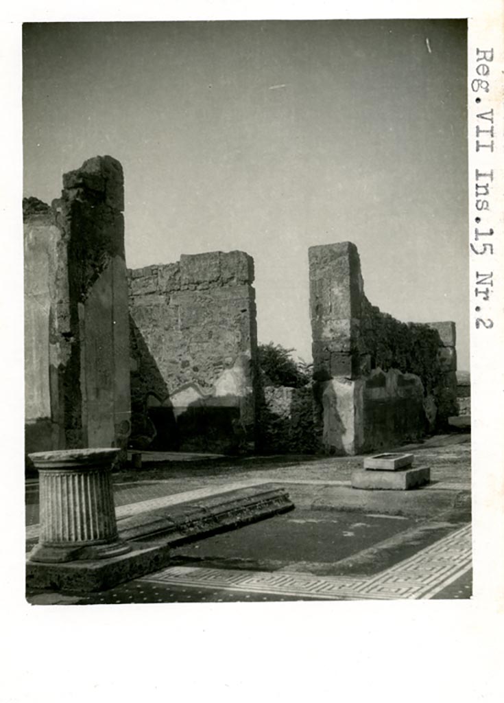 VII.15.2 Pompeii. Pre-1937-39. Looking north-west across impluvium in atrium.
Photo courtesy of American Academy in Rome, Photographic Archive. Warsher collection no. 1450.