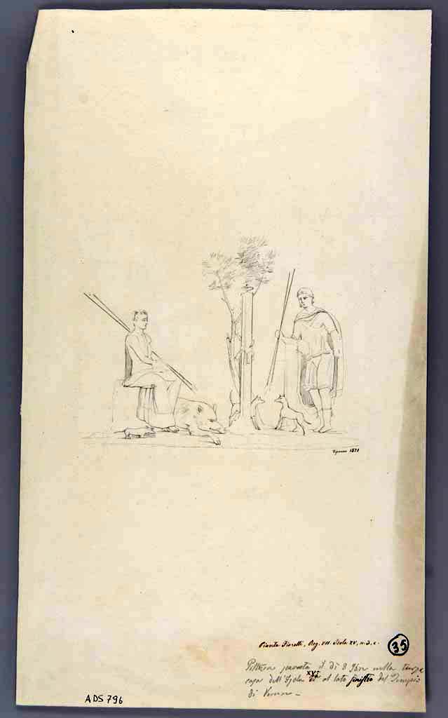 VII.15.3 Pompeii. 1871 drawing by G. Discanno of Atalanta and Meleager from south wall of oecus, on left side of entrance corridor. 
Now in Naples Archaeological Museum. Inventory number ADS 796.
Photo © ICCD. http://www.catalogo.beniculturali.it
Utilizzabili alle condizioni della licenza Attribuzione - Non commerciale - Condividi allo stesso modo 2.5 Italia (CC BY-NC-SA 2.5 IT)
See Carratelli, G. P., 1990-2003. Pompei: Pitture e Mosaici: Vol. VII.  Roma: Istituto della enciclopedia italiana, p. 772.