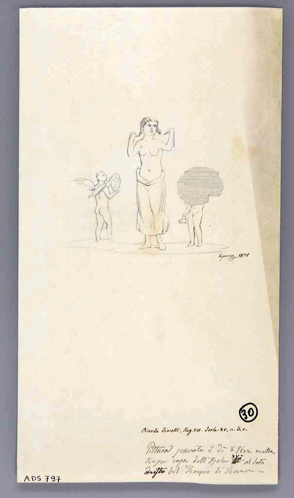 VII.15.3 Pompeii. 
1871 drawing by G. Discanno of Venus at her toilette, assisted by two cupids.
Central painting from west wall of oecus. 
Now in Naples Archaeological Museum. Inventory number ADS 797.
Photo © ICCD. https://www.catalogo.beniculturali.it
Utilizzabili alle condizioni della licenza Attribuzione - Non commerciale - Condividi allo stesso modo 2.5 Italia (CC BY-NC-SA 2.5 IT)
See Carratelli, G. P., 1990-2003. Pompei: Pitture e Mosaici: Vol. VII.  Roma: Istituto della enciclopedia italiana, p. 774.
According to Sogliano –
Found in the oecus to the left side of the entrance corridor, were –
Mask of Silenus, p.41, no.174,
Toilet of Aphrodite, p.32, no. 131,
Flying cupid with red cloak, p.54, no.262,
Flying cupid with green cloak, p.54, no.263,
Flying cupid with red cloak and a lance, p.55, no.266,
Flying cupid with yellow ring on foot, p.55, no.267,
Flying cupid, seen from shoulders, with plate in his right hand, p.57, no.303,
Flying cupid with stck/baton in his left hand, p.60, no.337,
Nike, p.72, no.432,
Meleager, p.89, no.510.
See Sogliano, A., 1879. Le pitture murali campane scoverte negli anni 1867-79. Napoli: Giannini. (pages as given above).