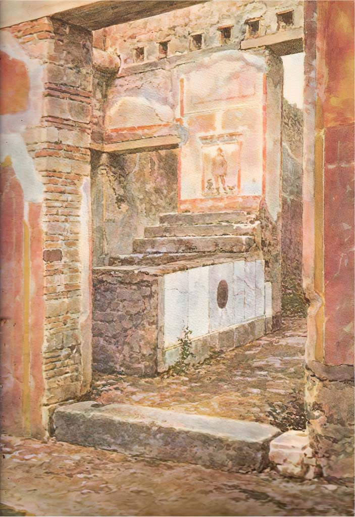 VII.15.5 Pompeii. Undated, c. 1913, watercolour painting by Luigi Bazzani. 
Looking north-west from entrance doorway towards two-sided counter.
According to Gaedechens (1872), at the end of the counter on a pillar leading to the atrium, was found in very fresh colours a painting, which should count among the worst of Pompeii. 
Under a painted temple arch is Mercury (height 0.52m) turned to the left, in short and white dress, from which two red stripes descend on the front; over this he wears a short reddish coat, spread at the back. 
His winged hat is yellow-grey and tied under his chin by a red ribbon; 
He wears brown boots adorned with some detached pieces; the greenish wings, however, protrude from the naked legs in a singular manner above the boots. 
In the left arm rests the caduceus, in the right he holds a rimmed bag with three pendants; it is clearly of leather; 
At his left is a colourful cockerel, on the right an omphalos wrapped in bandages and a black snake with white belly, crest and red beard: 
In the upper field there are two peacocks facing each other.
See Bullettino dell’Instituto di Corrispondenza Archeologica (DAIR), 1872, p. 200f.
See Schefold, K., 1957. Die Wände Pompejis. Berlin: De Gruyter. (p. 207).
See Pappalardo, U., 2001. La Descrizione di Pompei per Giuseppe Fiorelli (1875). Napoli: Massa Editore. (p. 119).
See Sogliano, A., 1879. Le pitture murali campane scoverte negli anni 1867-79. Napoli: Giannini.  (p. 15, no. 40).