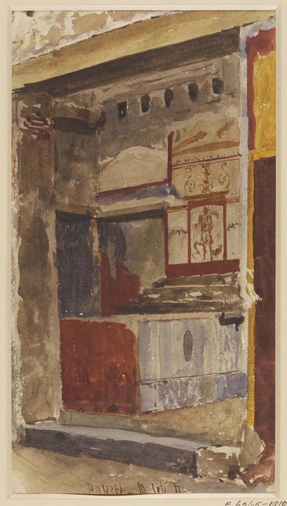 VII.15.5 Pompeii. 10th September 1876.  Watercolour by Luigi Bazzani.
Looking towards the interior of a shop in the Vicolo del Gallo at Pompeii. 
Photo © Victoria and Albert Museum. Inventory number 2033-1900.