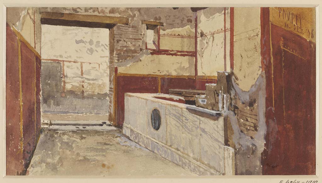 VII.15.5 Pompeii. 11th September 1876. Watercolour by Luigi Bazzani.
Looking south towards interior of entrance doorway, with two-sided counter, on right. 
Photo © Victoria and Albert Museum. Inventory number 2032-1900.