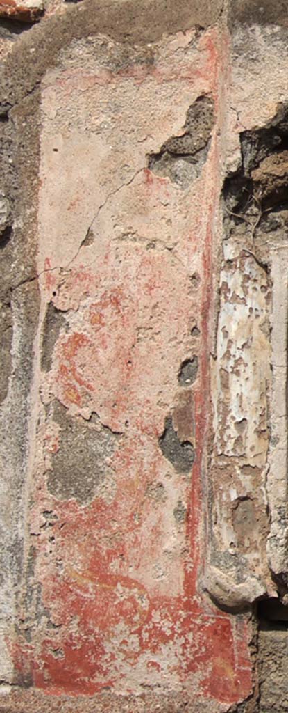 VII.15.5 Pompeii. September 2005. West side of niche.
Red panel with remains of painted yellow and black serpent coiling upwards, with the head at the top.
See Boyce G. K., 1937. Corpus of the Lararia of Pompeii. Rome: MAAR 14.  (p. 72, no.330, plate 12,3).